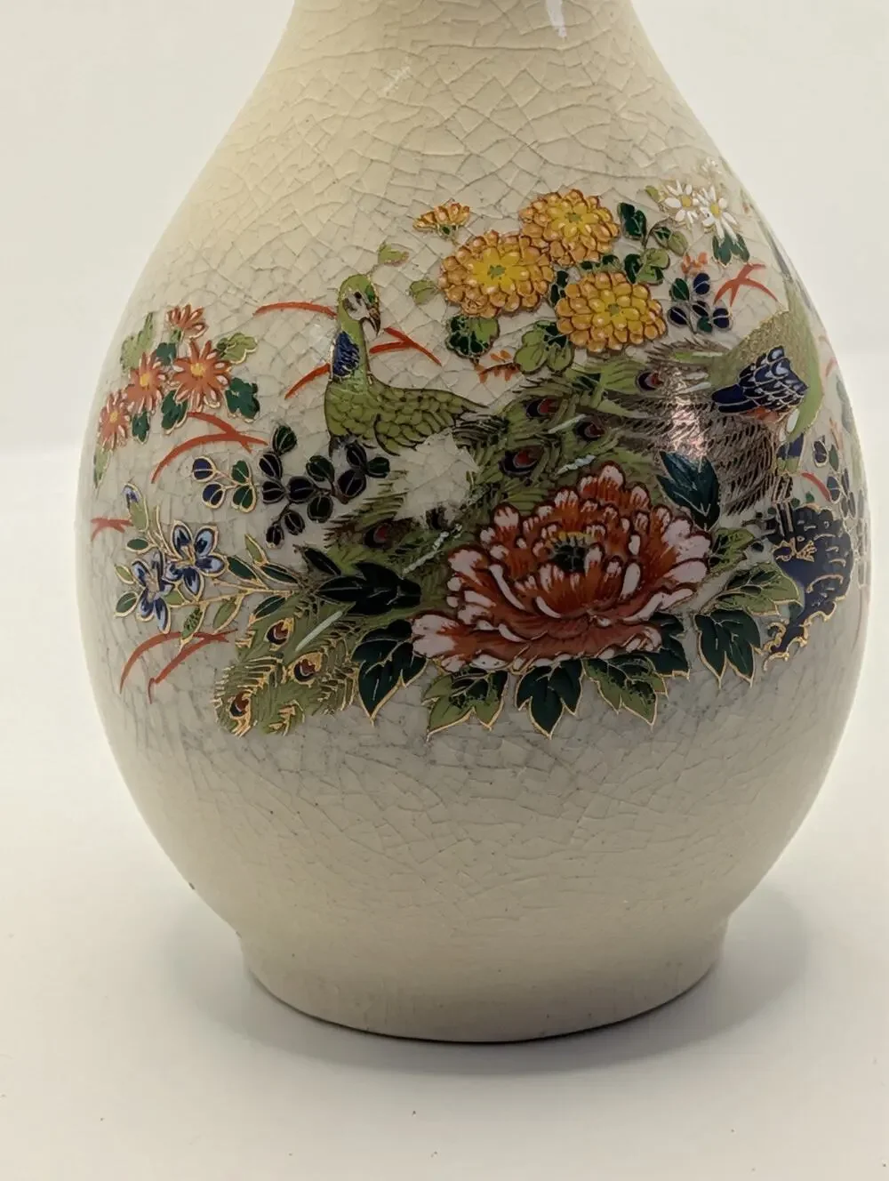 vintage crackle-glaze porcelain vase with a hand-painted peacock & floral design